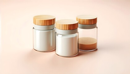 Minimalist spice containers with wooden lids and transparent glass design on pastel surface