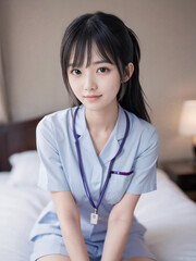 笑顔で患者に対応する看護師の若い女性