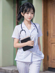 笑顔で患者に対応する看護師の若い女性
