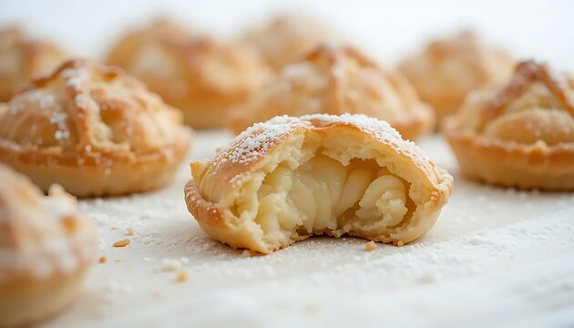 Delicious Pardulas Pastries Displayed with Powdered Sugar on a White Surface