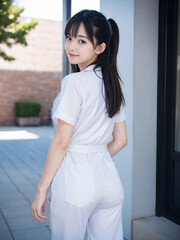 笑顔で患者に対応する看護師の若い女性