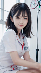 笑顔で患者に対応する看護師の若い女性
