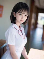 笑顔で患者に対応する看護師の若い女性