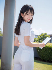 笑顔で患者に対応する看護師の若い女性