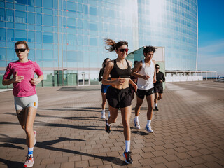 A group of diverse people in colorful athletic wear run together in front of a modern glass building on a sunny day. A young White woman wears a black sports bra while others run around her. © Drobot Dean