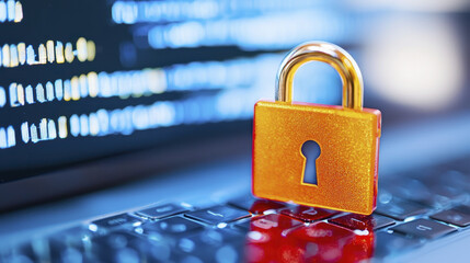 Digital security concept with golden padlock on laptop keyboard, symbolizing data protection and cybersecurity measures