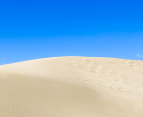 desert landscape, gentle sand dunes under a clear sky, with wind-carved patterns, create a bright and serene desert scene