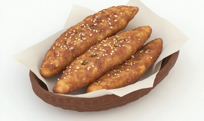 Sesame-coated fried pastries in a bowl, studio shot, food photography, website use