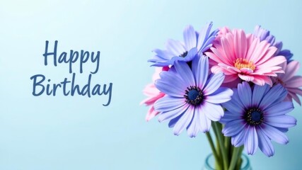 Colorful bouquet and Happy Birthday inscription on light blue background