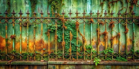 Rustic iron fence overgrown with vibrant green vegetation and textured rust against a weathered wall