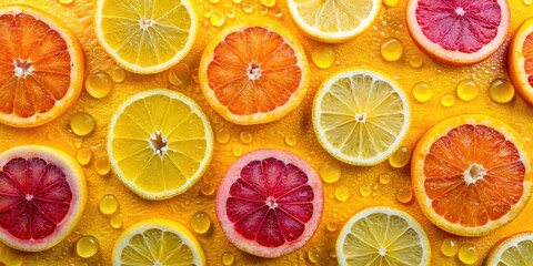 Fototapeta premium Vibrant citrus fruit slices arranged on a sunny yellow background, glistening with droplets of citrus juice, a refreshing and healthy image depicting the essence of summer