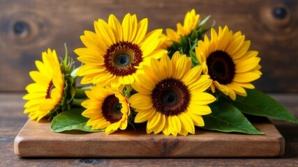 Fototapeta premium yellow sunflowers lie on a wooden surface