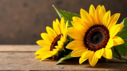 Fototapeta premium yellow sunflowers lie on a wooden surface