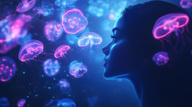 a woman surrounded by floating jellyfish that glow in blue and purple, Bioluminescence jellyfish swimming around. woman under water in the ocean