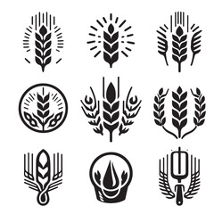 Obraz premium Wheat Ears Icons and Logo Set For Identity Style Organic wheat bread agriculture. Vector with white background 