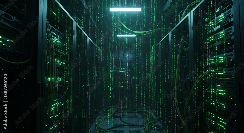 Aufkleber server room interior filled with glowing cascading green binary code resembling the matrix, showcasi