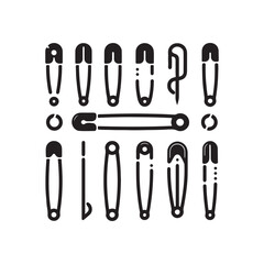 Safety pins, black and white illustration, hand-drawn style 