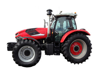 Modern red farm tractor viewed from the side, designed for efficient agricultural tasks with...