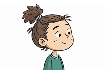 Obraz premium Happy Cartoon Girl with Brown Hair in Bun Wearing Blue Sweater Vector Character Design