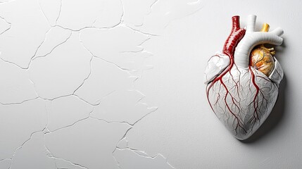 A realistic anatomical heart model displayed against a cracked white background, showcasing detailed arteries and veins.