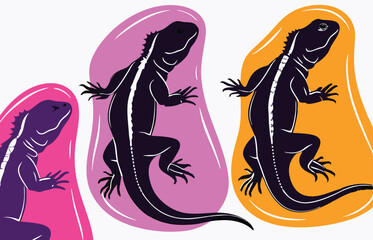Black Lizard Silhouette Vector Set: Stylized Reptile Clipart in Vintage Tattoo and Wildlife Design Style. Adobe Art and Illustrator.