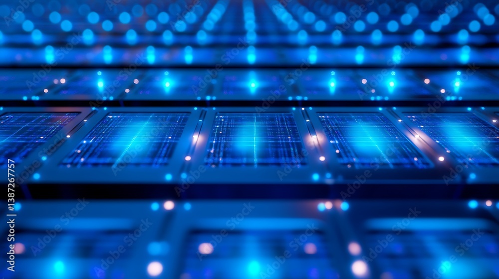 Poster a dynamic tech background with a grid of illuminated circuits in a cool blue, symbolizing digital co