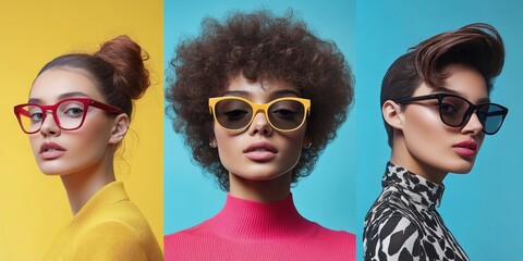 Three women with different hairstyles and glasses are shown in a row