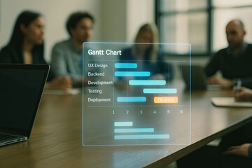 Futuristic blue Gantt chart visualization during strategic team meeting in modern office