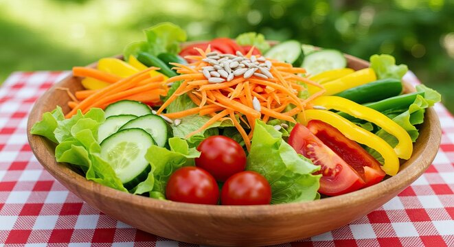 Fresh summer salad with mixed vegetables on picnic table with greenery