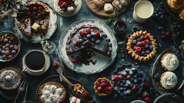 A decadent dessert spread including cakes, pies, and pastries. Featuring indulgence and sweetness