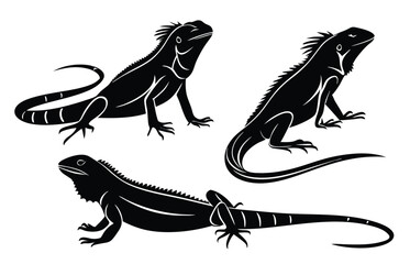 Black Lizard Silhouette Vector Set: Stylized Reptile Clipart in Vintage Tattoo and Wildlife Design Style. Adobe Art and Illustrator.