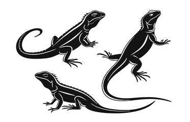 Black Lizard Silhouette Vector Set: Stylized Reptile Clipart in Vintage Tattoo and Wildlife Design Style. Adobe Art and Illustrator.