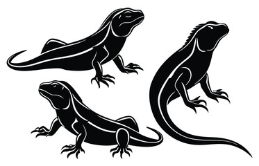 Black Lizard Silhouette Vector Set: Stylized Reptile Clipart in Vintage Tattoo and Wildlife Design Style. Adobe Art and Illustrator.