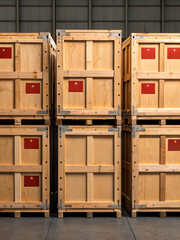 Wooden crates with flags arranged in storage facility showcasing organized logistics