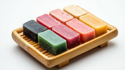 A bamboo soap dish with handmade organic soap.