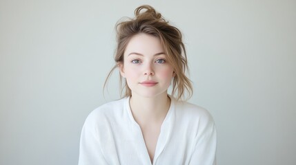 Fototapeta premium A young woman with light brown hair styled up in a loose bun is pictured. She wears a simple white shirt. The image is a high-quality portrait with soft, natural lighting. The style is minimalist an
