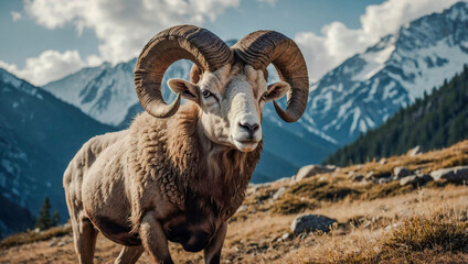 Ram with large horns standing in the mountains.