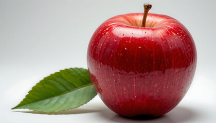 Fresh Juicy Apple with Leaf Isolated on Clean White Background

