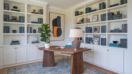 Stylish home office with custom built-ins, a wood desk, potted plant, abstract art, and a textured rug for an inviting workspace.