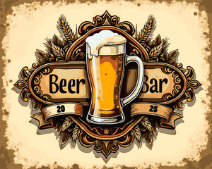 A decorative logo represents a beer bar with a detailed beer mug at the center. Surrounding elements include barley and ornate designs, emphasizing a vintage and inviting atmosphere.
