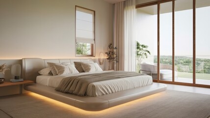 Fototapeta premium Contemporary bedroom with platform bed featuring underlighting, offering a serene view through large windows, creating a calming ambiance.