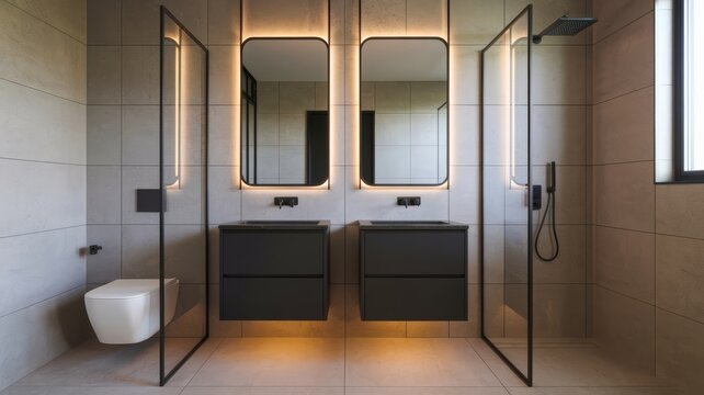 Contemporary bathroom with floating vanities, illuminated mirrors, a sleek shower, and a modern toilet. Minimalist and stylish design.