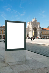 Blank billboard in Praça do Comércio, Lisbon, with the iconic Rua Augusta Arch in the background...