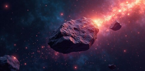 Ancient earth crust fragment drifting through the void, meteorite, cosmic dust, geology