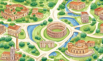 Italian city map, historical architecture, river, amphitheater, park, travel guide illustration