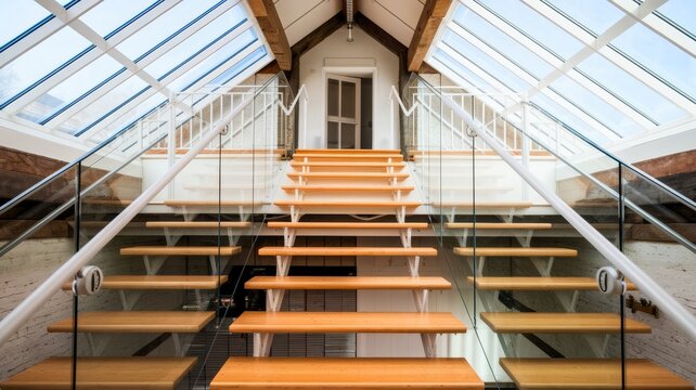 Architectural Interior: Modern staircase design with wooden steps, glass railings, and a bright skylight, creating an airy and open space.
