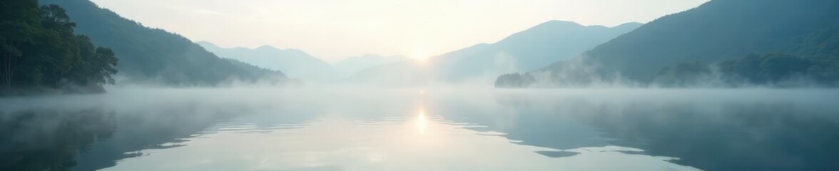 Fototapeta premium A wispy, white mist ascends from a serene lake on a still morning, peaceful, lake, water reflections