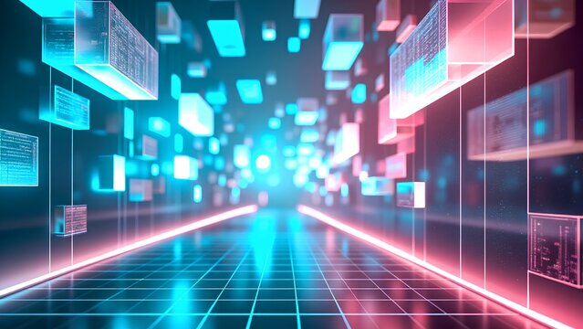A digital landscape featuring glowing data blocks and a futuristic grid pathway, creating a vibrant and immersive tech environment.