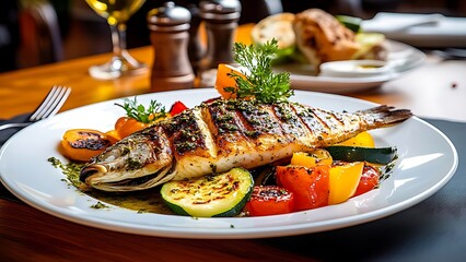 Grilled salmon steak with vegetables and salad on a plate, served with lemon and sauce, a healthy gourmet meal.