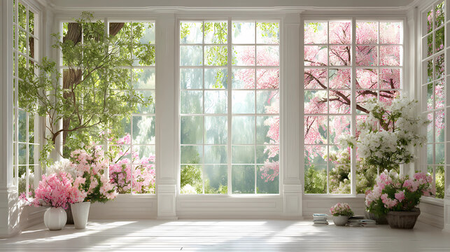 Fototapeta Zoom Background Large Window with Spring View